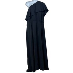 KIRUNDO Womens One Shoulder Ruffle Maxi Dress Black Elastic Waist XL Side Slit